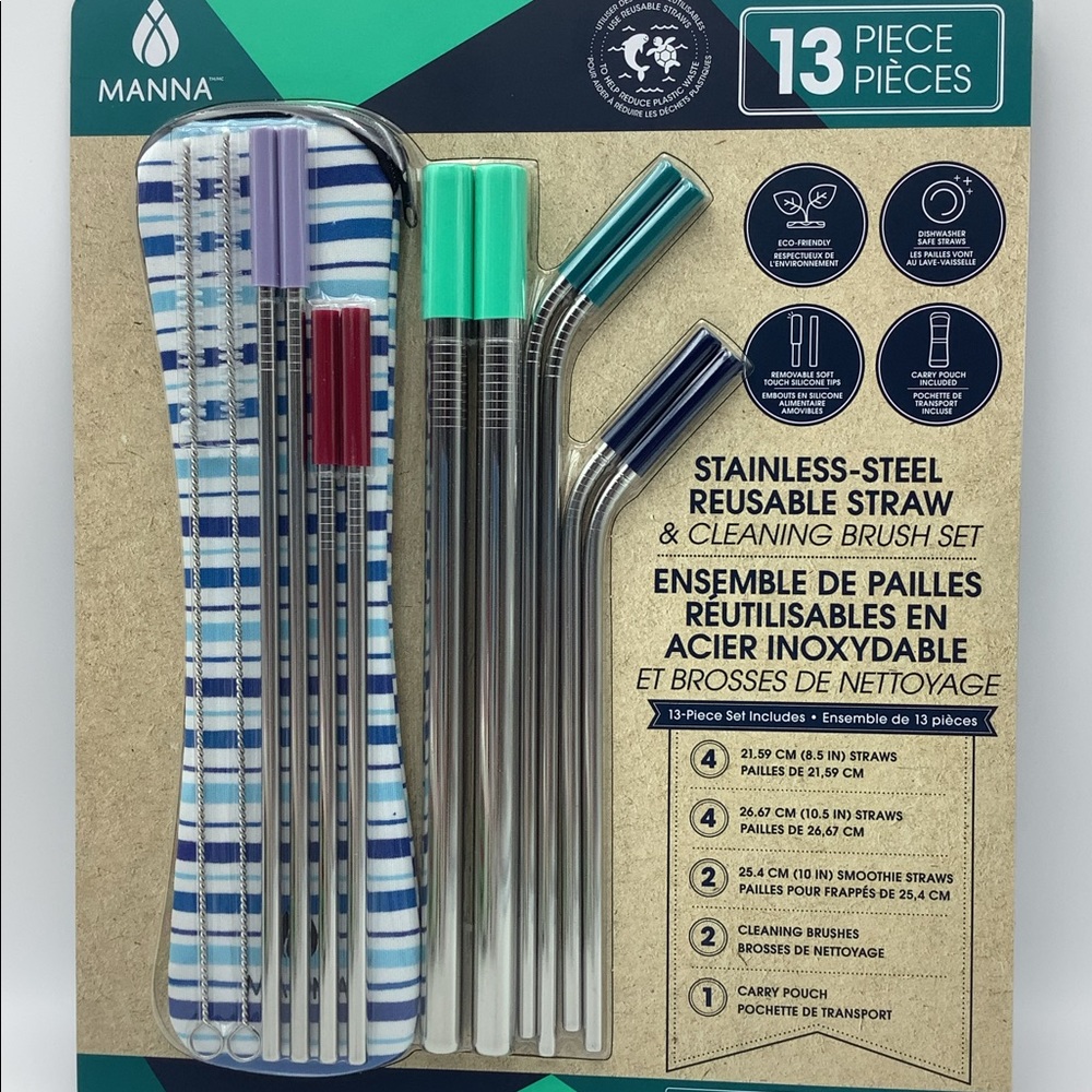 STAINLESS - STEEL  REUSABLE STRAWS & CLEANING BRUSH SET,  BRAND NEW
